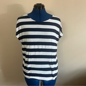 Navy and white striped tshirt with cutouts in the back